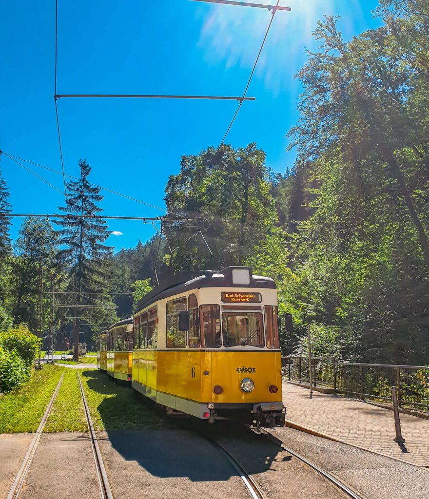 Kirnitzschtal tramway Kirnitzschtal tramway - historical yellow tram in Saxon Switzerland National Park
