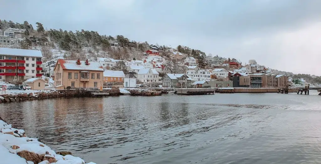 View of Drøbak covered in snow overlooking the sea