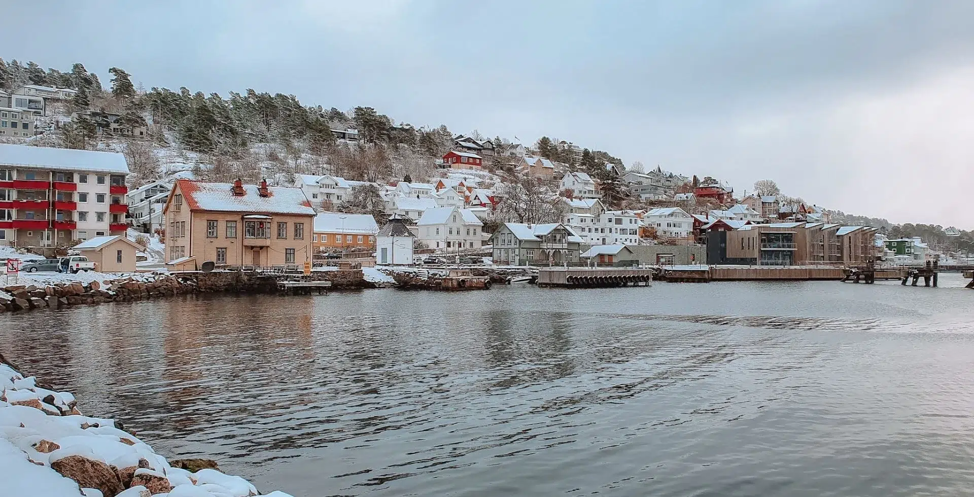 View of Drøbak covered in snow overlooking the sea