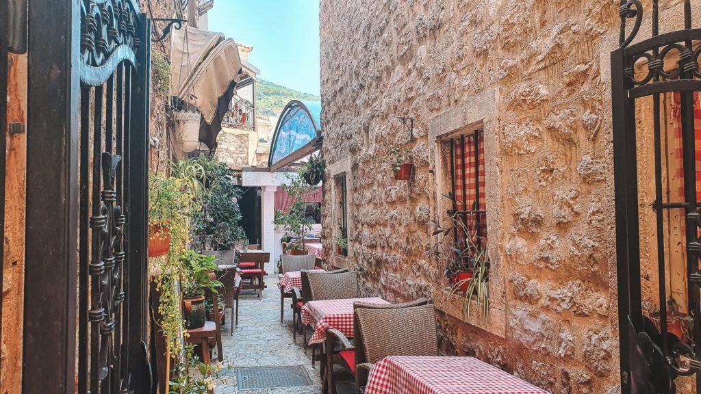 Restaurant in old town street, Budva