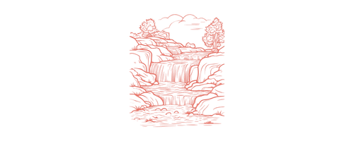 Plitvice vs Krka Icon Stamp-style red line drawing of a waterfall with rocks and trees in a framed square composition.