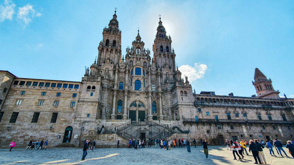 Santiago de Compostela Cathedral on a sunny day with blue skies, Camino 