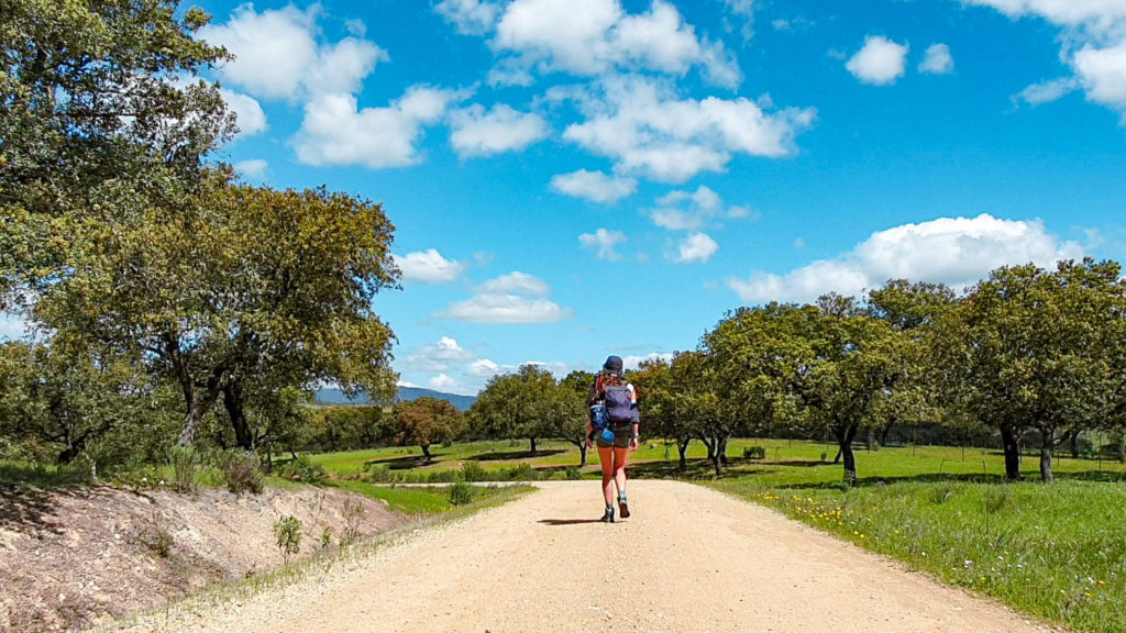 Woman with a backpack walking on a dirt road on Via de la Plata, Camino