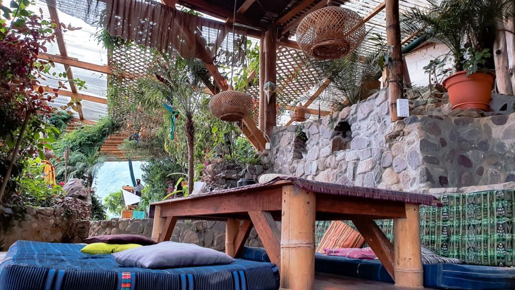 A low table with mattresses in a lounge area surrounded by plants