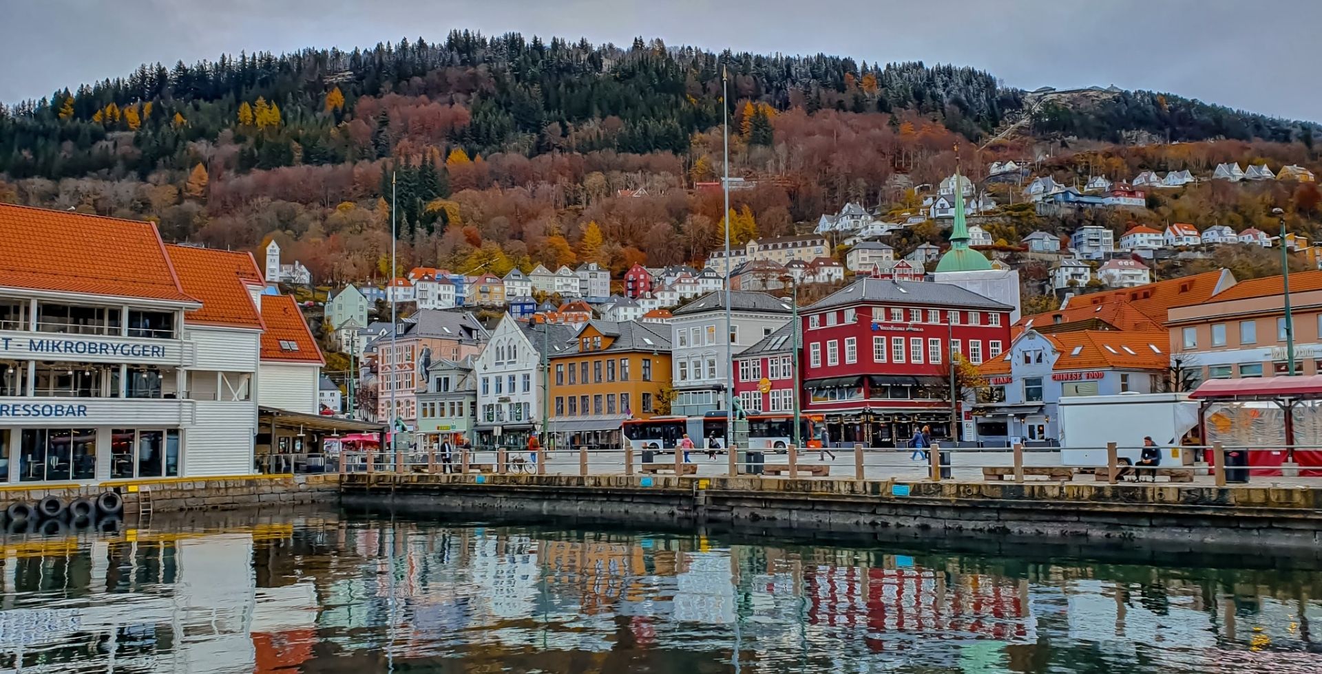 Colorful coastal town along a calm harbor with orange-roofed buildings and a tree-filled autumn hill in the background - Fall Foliage in Europe