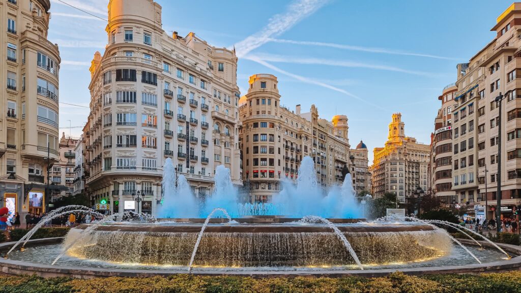 Valencia, Spain Fountain surrounded by buildings in Valencia, Spain