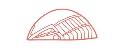 Valencia icon Stylized red line drawing of the Hemisferic building in Valencia, Ciudad de las artes y las ciencias