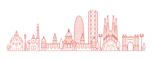 Barcelona Red line-drawing skyline of a city featuring recognizable landmarks along a horizontal baseline.