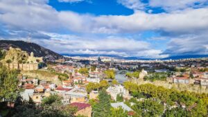 View of Tbilisi, Georgia from above on a cloudy day