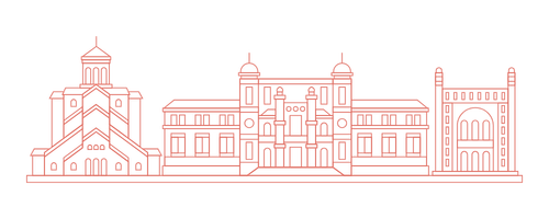Tbilisi Icon Red line drawing of a row of historic buildings and an arched gateway, forming a continuous skyline.