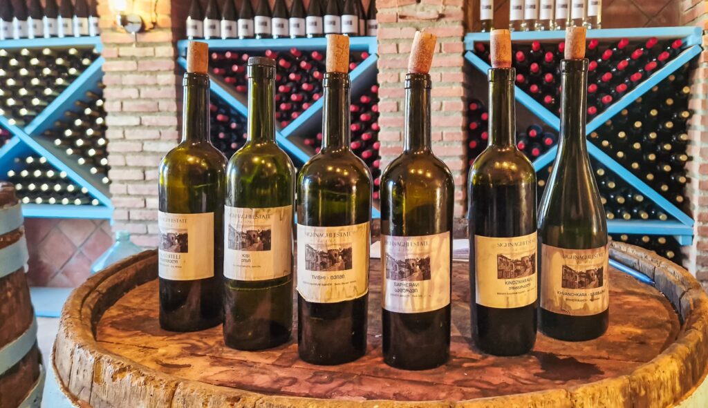 Georgian wine bottles at a wine tasting in Kakheti
