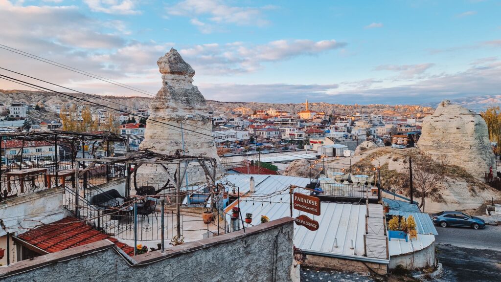 Goreme view from hotel Goreme in december with blue skies