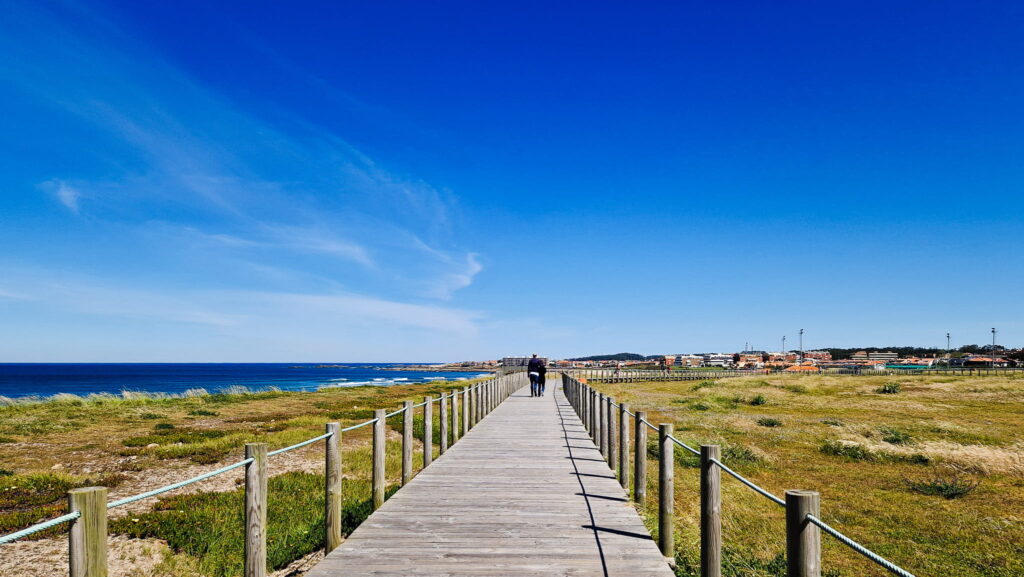 Camino Portugués Coastal Wooden boardwalk stretching toward a seaside town, with a couple walking away under a clear blue sky. How long does the Camino Portugués take?
