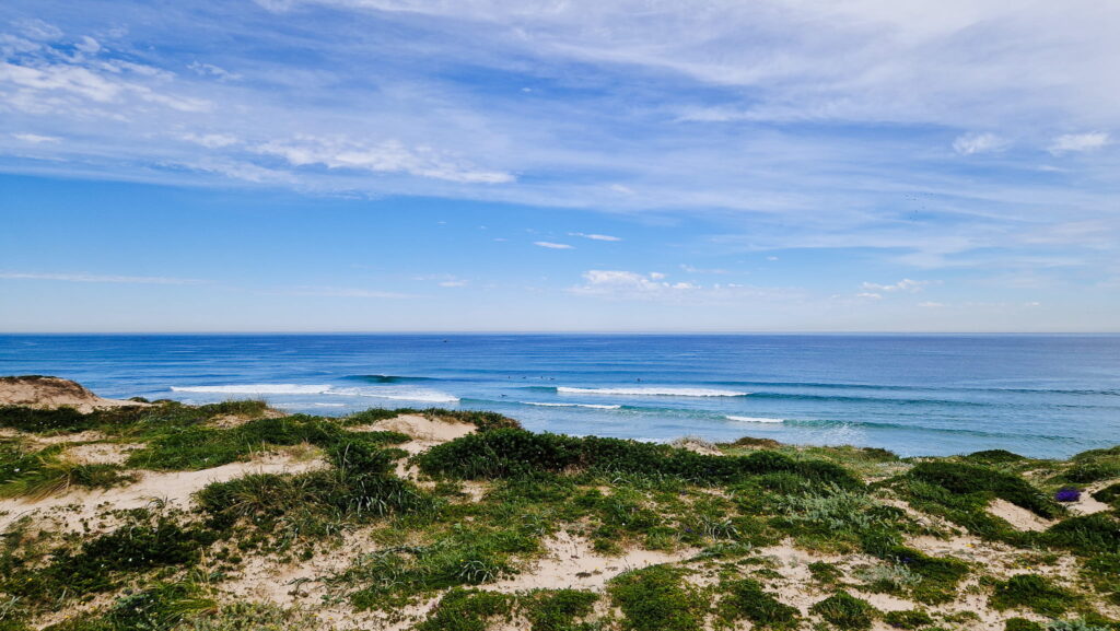 Seaside walk Camino Portugués A calm beach scene with sandy dunes and low vegetation, facing a blue ocean under a bright sky with scattered clouds, scene on the Camino Portugués