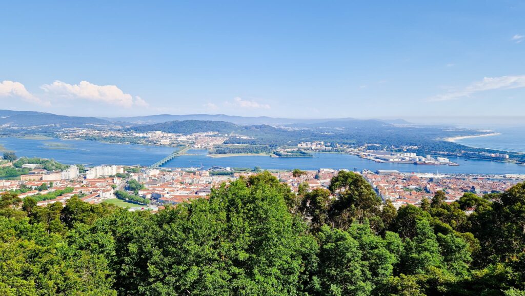Viana do Castelo, Panoramic View Hillside view of the coastal city of Viana do Castelo with a harbor, waterway, and distant mountains under a blue sky, framed by green trees in the foreground. Taken on the Camino Portugues de la Costa