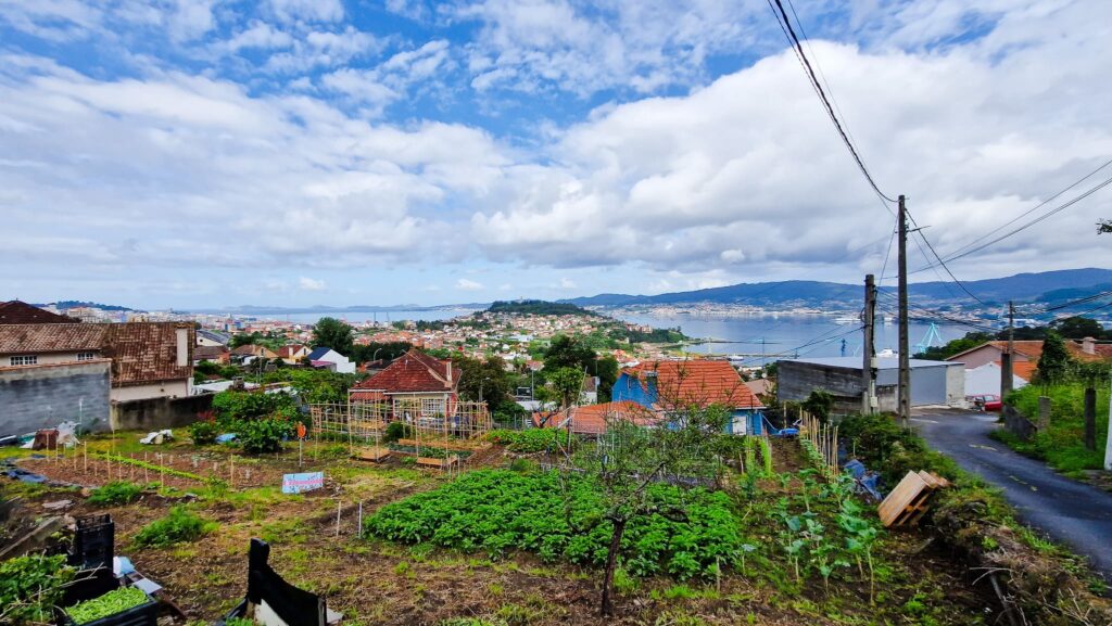 Camino Portugués - Day 8 View over a hillside town with red-tiled roofs, garden plots in the foreground, and power lines under a blue, partly cloudy sky by the coast.