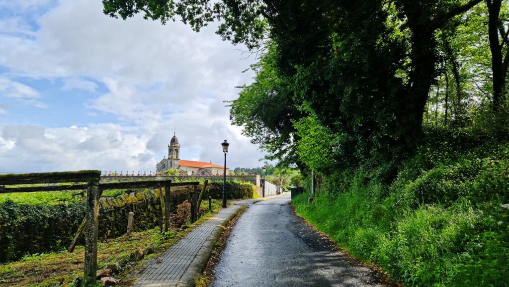Camino Portugués - Day 12 Rural road with a stone wall on the left and dense trees on the right, leading to a distant church with a bell tower under a cloudy sky.