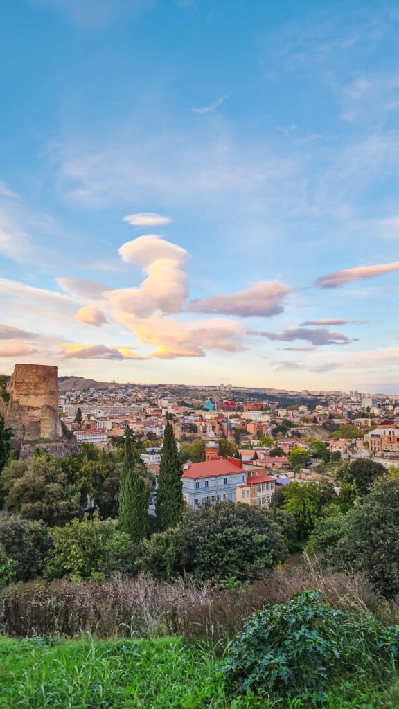 Tbilisi View over Tbilisi with red-roofed buildings and a historic stone ruin in the foreground, framed by green shrubs, under a clear blue sky with wispy clouds.