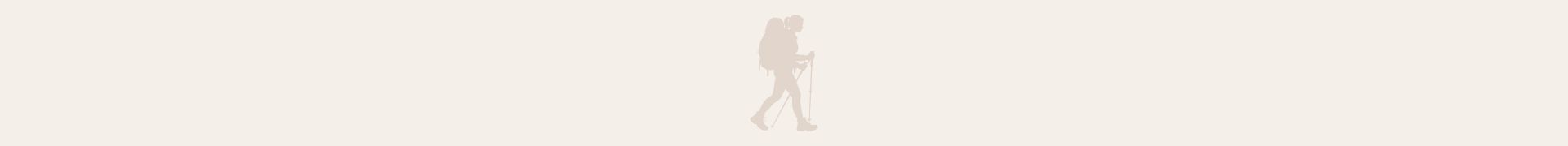 Hiker Woman Silhouette of a hiker with a backpack and trekking poles, walking to the right against a pale beige background.