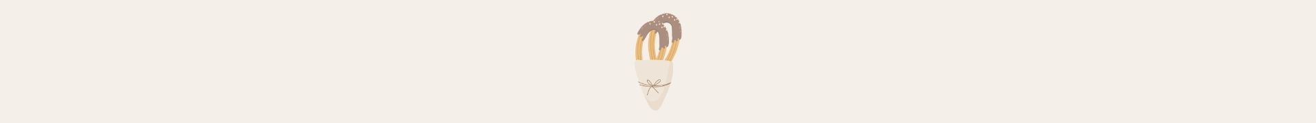 Churros Illustration of a pale cone with three chocolate-dipped churros standing upright on a light beige background, centered in the image