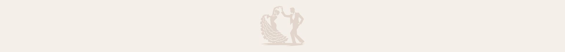 Flamenco Silhouette of a dancing couple holding hands, with a decorative laurel motif behind them on a pale beige background.