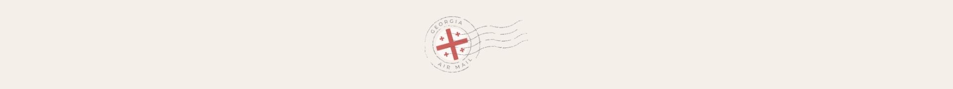 Georgia Stamp Circular stamp-style Georgia Air Mail logo featuring a red cross emblem in the center and wavy cancellation lines to the right.