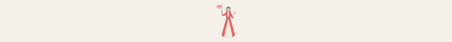Georgian Woman Cartoon woman in a red dress holding a small flag with a cross emblem.