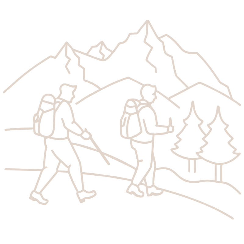 Hikers Two hikers with backpacks trekking along a mountain trail, with pine trees and jagged peaks in the background.