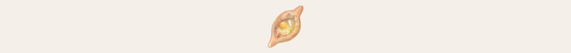 Kachapuri Illustration of a small pastry with a visible egg yolk in the center on a light beige background.