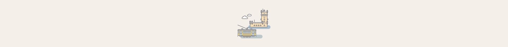 Tram Lisbon Whimsical illustration of a castle on a cliff with a small tram at its base.