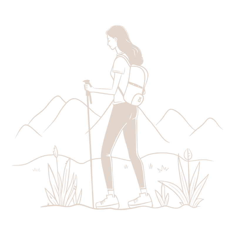 Woman Hiking Hiker with backpack and walking stick trekking on a mountain trail with desert plants nearby