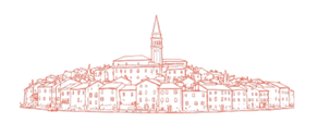 Rovinj Outline Red line-art silhouette of an old town with a tall central spire in the center, towering over surrounding houses.