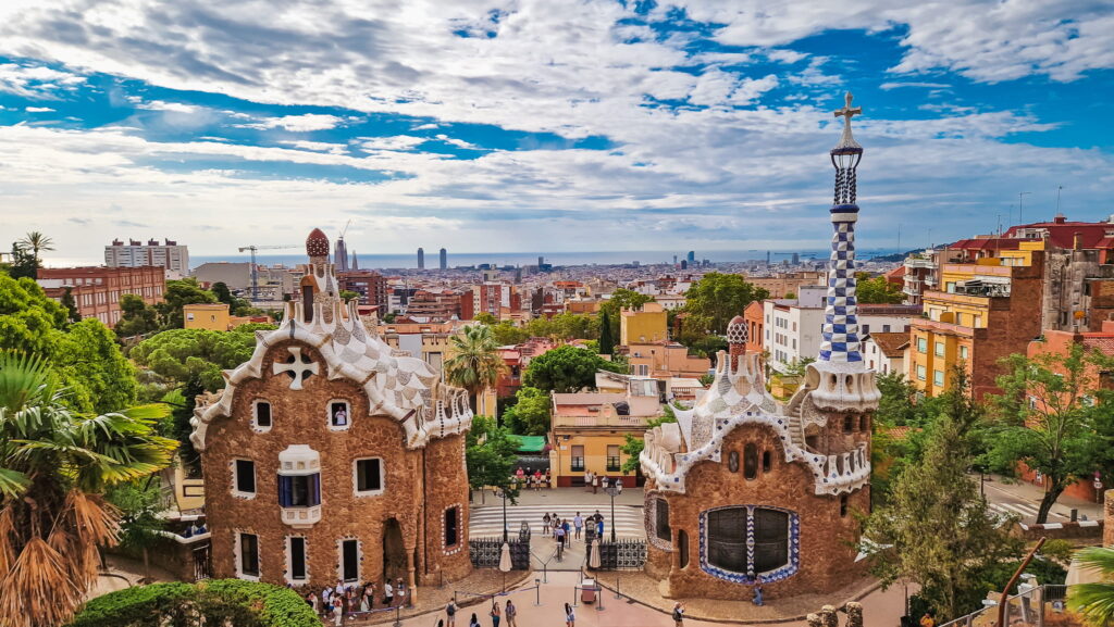 Park Guell, view from terrace View of Barcelona from the terrace in Park Guell