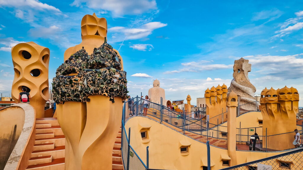 La Pedrera, guerreros La Azotea de los guerreros, rooftop with chimneys in various shapes at La Pedrera, Barcelona