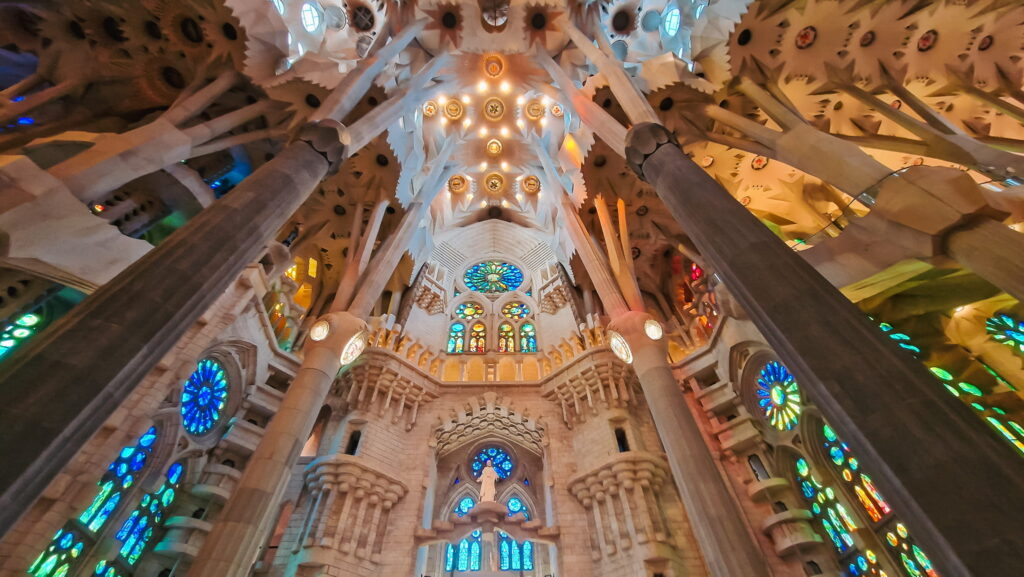 Sagrada Família, interior Interior of the Sagrada Família with towering columns and stained glass windows