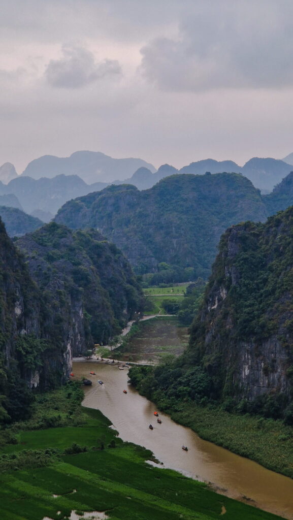 Ninh Binh Vietnam, view of the river among towering cliffs in Ninh Binh