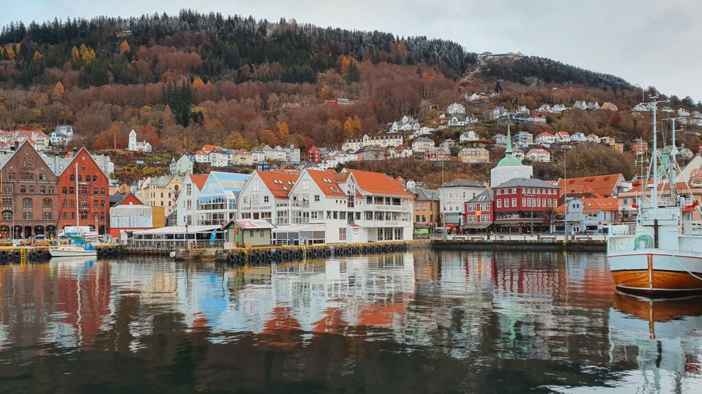 Bergen, Fall Bergen Harbor, view of the houses with a background of fall-colored hill