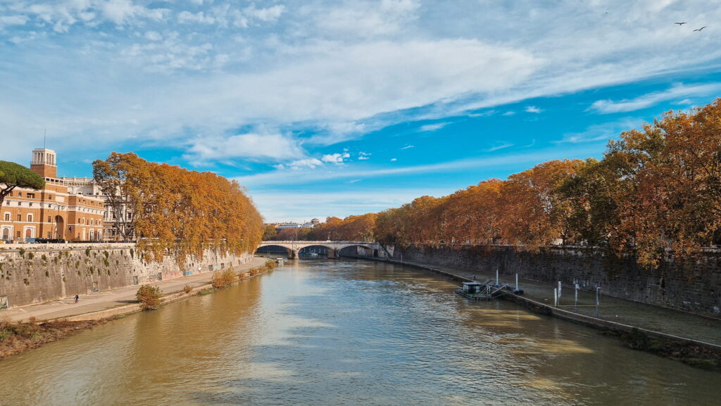 Rome Tiber Fall foliage along the Tiber river in Rome, view from a bridge